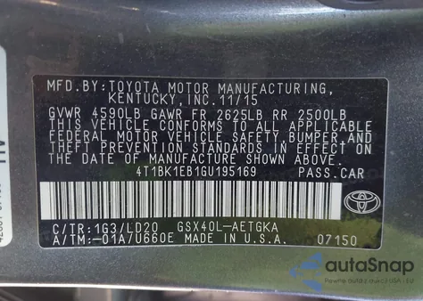 2016 Toyota Avalon Xle из США, поврежденный, VIN 4T1BK1EB1GU195169